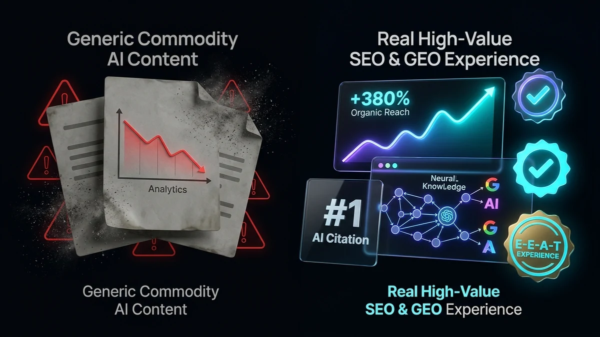 Comparativa entre Commodity Content genérico y SEO con Experiencia Real y GEO para IA